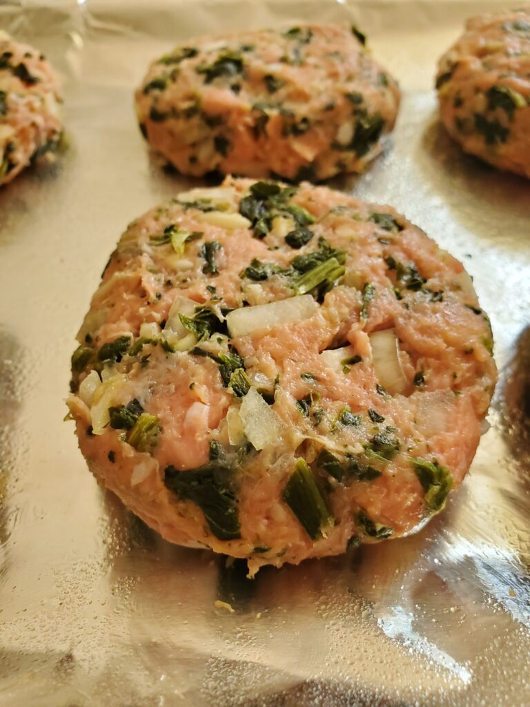 After mix the ingredients for the Spinach Mozzarella Turkey Burgers, form into 6 patties